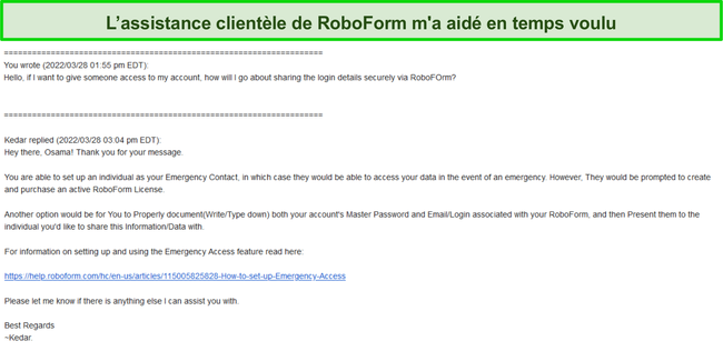 Capture d'écran de la réponse du support RoboForm.