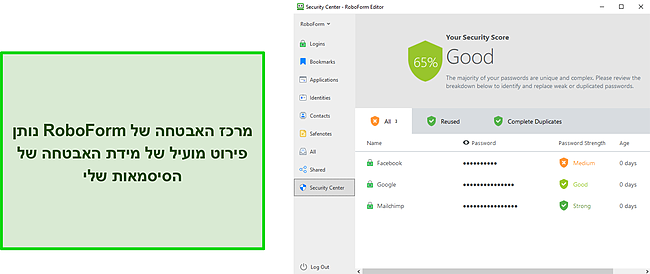 צילום מסך של מרכז האבטחה של RoboForm.