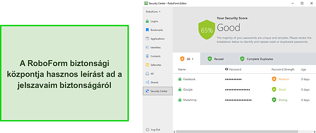 Képernyőkép a RoboForm biztonsági központjáról.