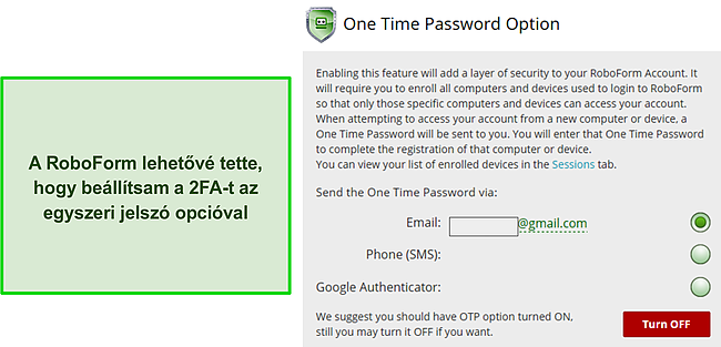 Képernyőkép a RoboForm 2FA funkciójáról.