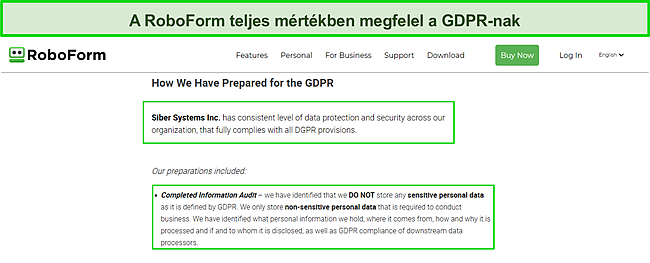 Képernyőkép a RoboForm GDPR-megfelelőségéről.