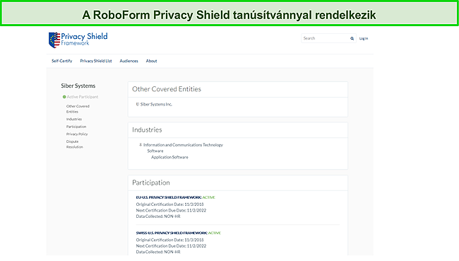 Képernyőkép a RoboForm Privacy Shield tanúsítványáról.
