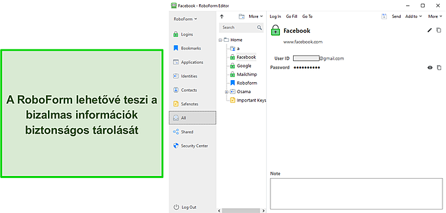 Képernyőkép a RoboForm biztonságos információtárolásáról.