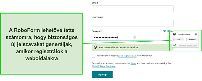 Képernyőkép a RoboForm biztonságos jelszógenerátoráról.