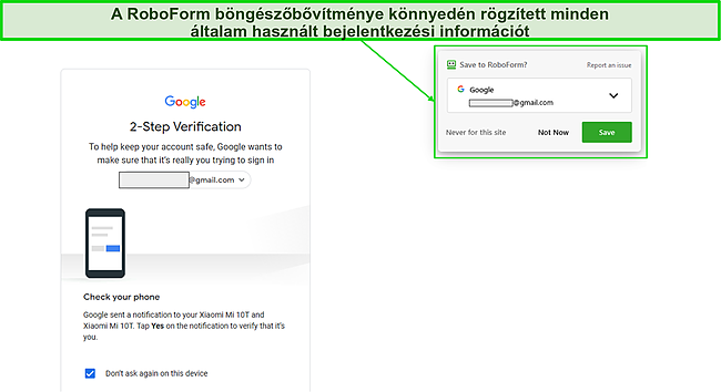 Képernyőkép a RoboForm böngészőbővítmény bejelentkezési adatainak rögzítéséről.