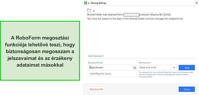 Képernyőkép a RoboForm megosztási funkciójáról.