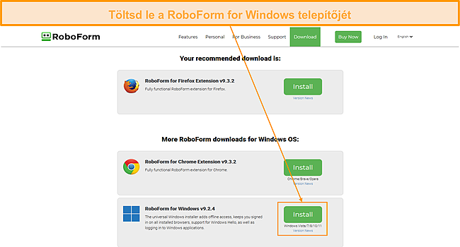 Képernyőkép a RoboForm Windows alkalmazás letöltéséről.