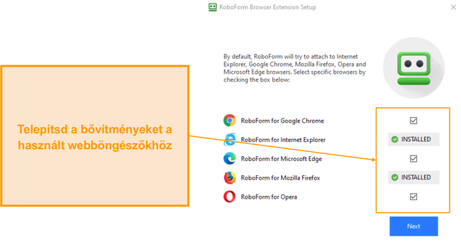 Képernyőkép a RoboForm böngészőbővítmény telepítéséről.