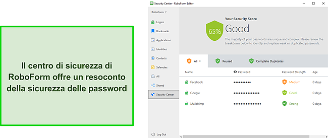 Screenshot del centro di sicurezza di RoboForm.