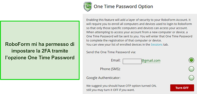 Screenshot della funzione 2FA di RoboForm.