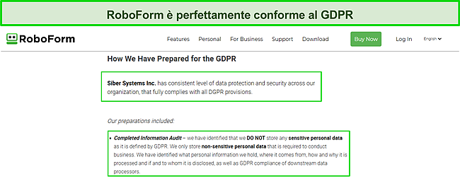 Screenshot della conformità al GDPR di RoboForm.