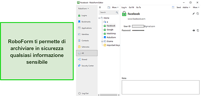 Screenshot dell'archiviazione sicura delle informazioni di RoboForm.