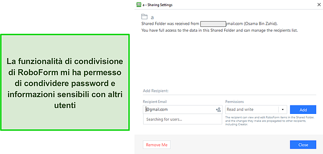 Screenshot della funzione di condivisione di RoboForm.