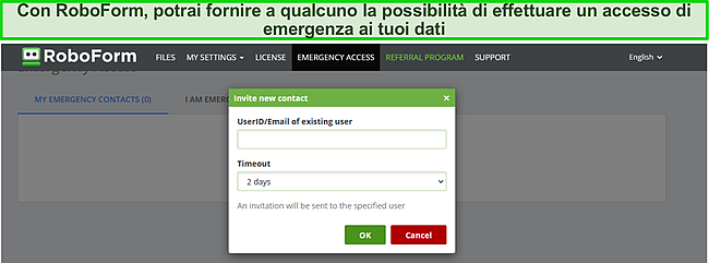 Screenshot della funzione di accesso di emergenza di RoboForm.