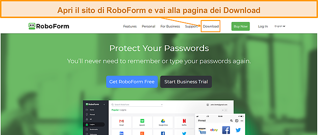 Screenshot della home page di RoboForm.