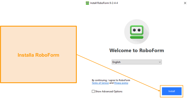 Screenshot dell'installazione di RoboForm in Windows.