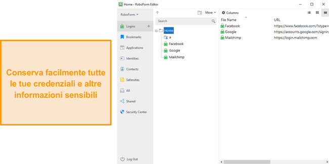 Screenshot dell'app Windows di RoboForm che memorizza i dati.