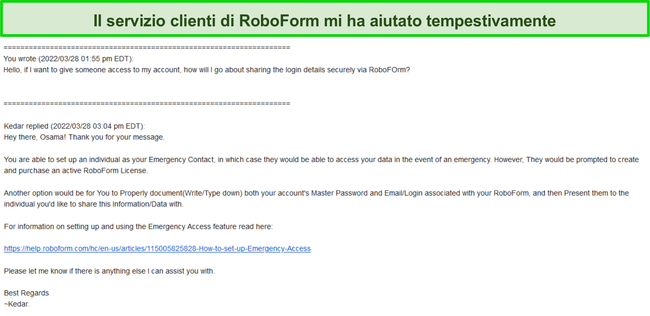 Screenshot della risposta del supporto RoboForm.