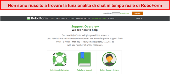 Screenshot delle opzioni di supporto di RoboForm.