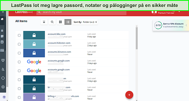 Skjermbilde av LastPass hvelv.