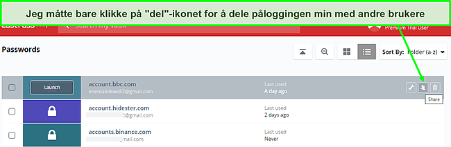 Skjermbilde av LastPass passorddeling.