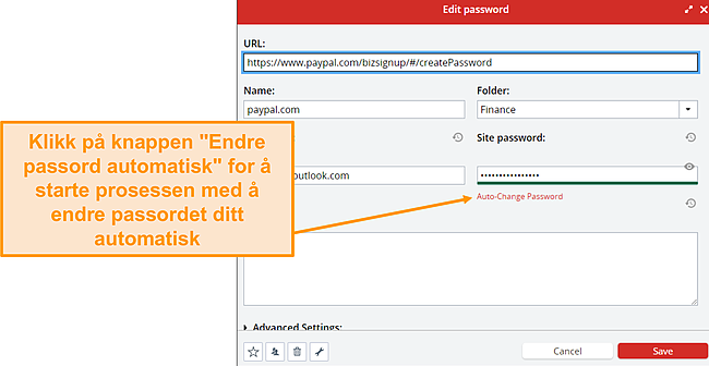 Skjermbilde av LastPass-knappen for automatisk endring av passord.