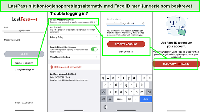 Skjermbilde av LastPass Face ID-kontogjenopprettingsalternativ.