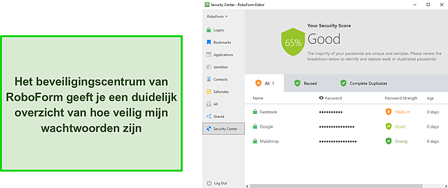 Screenshot van RoboForm's Security Center.