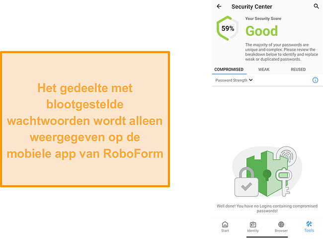 Screenshot van de sectie met gecompromitteerde wachtwoorden van RoboForm.