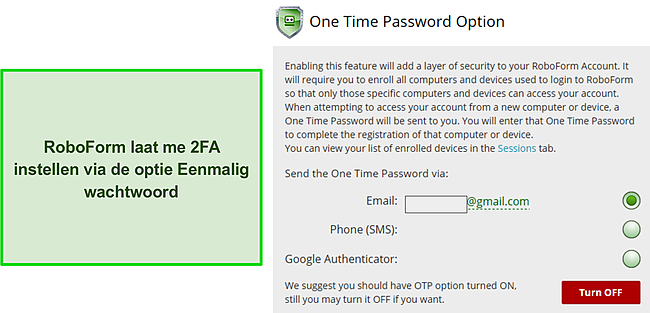 Screenshot van de 2FA-functie van RoboForm.
