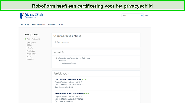 Screenshot van RoboForm's Privacy Shield-certificering.