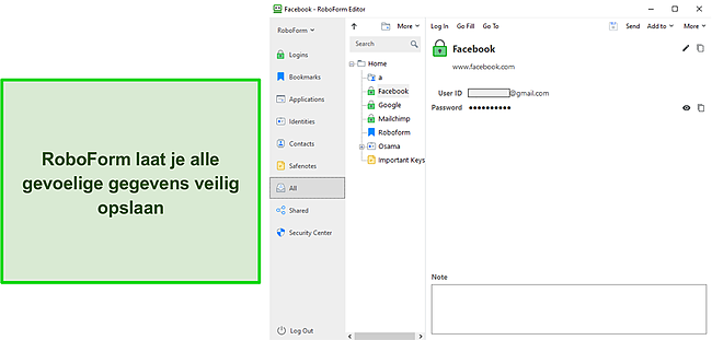 Screenshot van RoboForm's veilige informatieopslag.