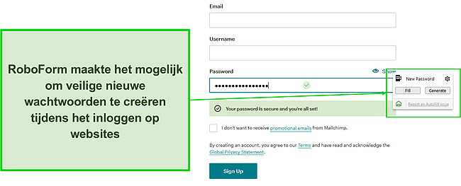 Screenshot van RoboForm's veilige wachtwoordgenerator.