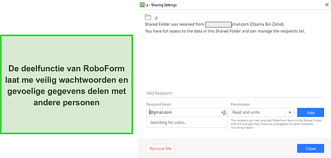 Screenshot van de deelfunctie van RoboForm.