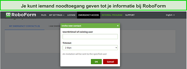 Screenshot van de noodtoegangsfunctie van RoboForm.