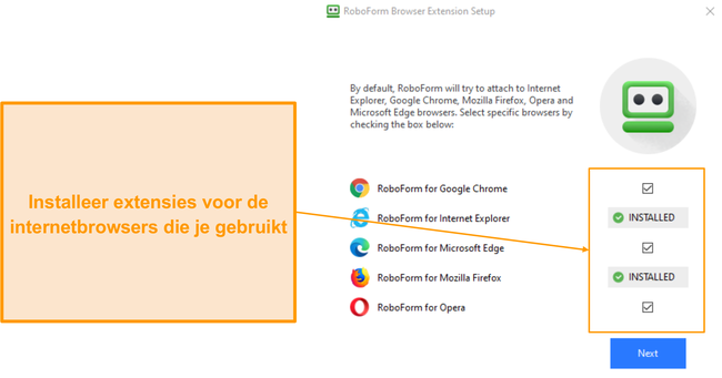 Screenshot van de installatie van de browserextensie van RoboForm.
