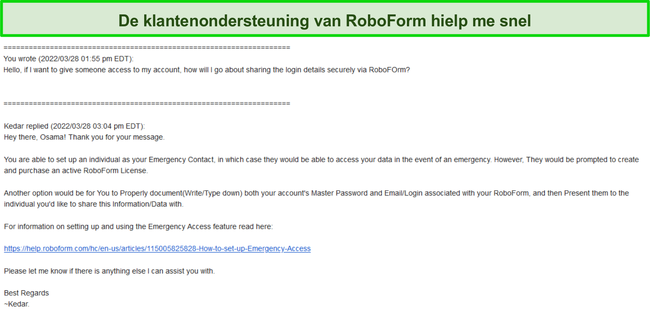 Screenshot van de reactie van RoboForm-ondersteuning.
