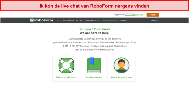 Screenshot van de ondersteuningsopties van RoboForm.