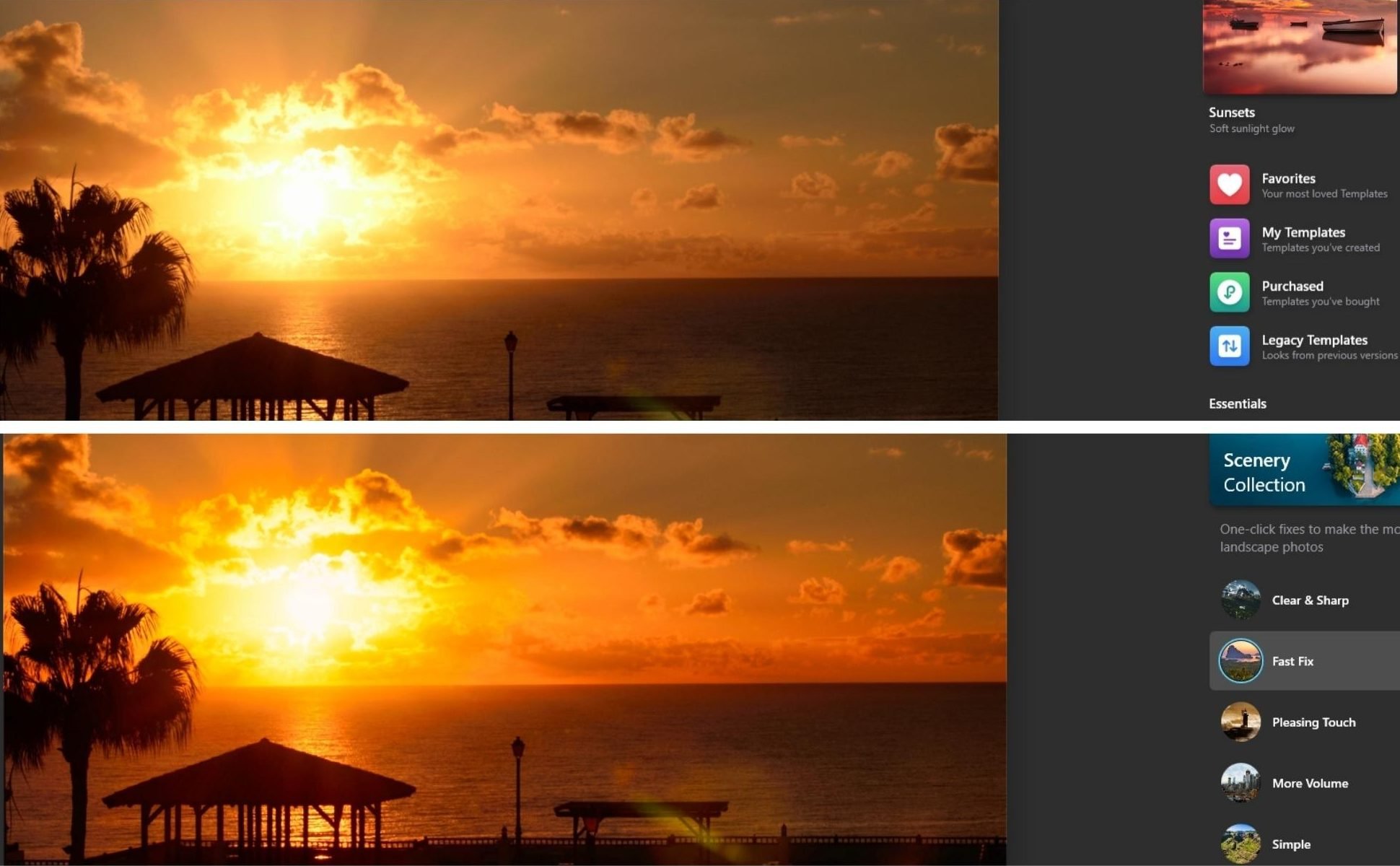 screenshot of Luminar example of images before and after templates applying