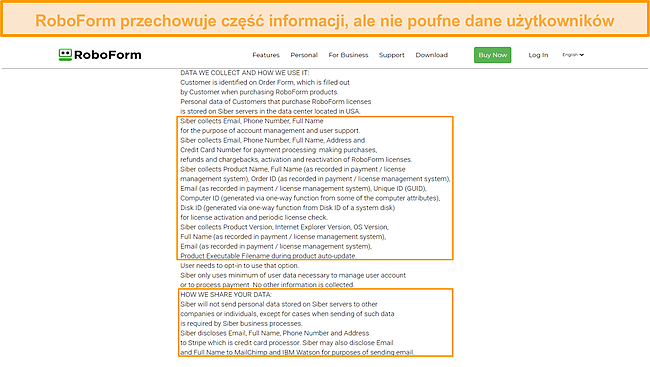 Zrzut ekranu danych przechowywanych przez RoboForm.