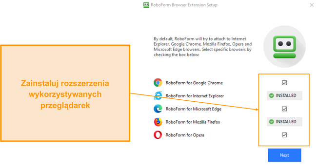 Zrzut ekranu instalacji rozszerzenia przeglądarki RoboForm.