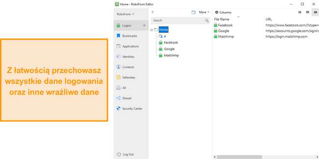 Zrzut ekranu aplikacji RoboForm dla Windows przechowującej dane.
