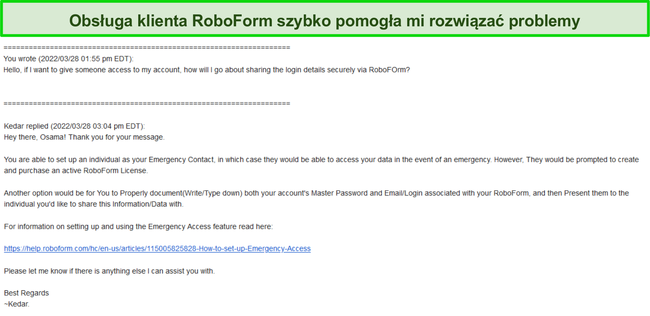 Zrzut ekranu odpowiedzi wsparcia RoboForm.