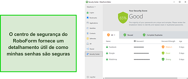 Captura de tela da Central de segurança do RoboForm.