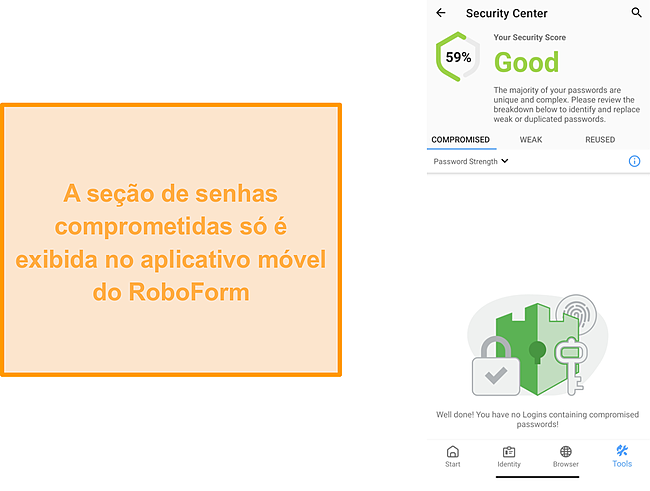 Captura de tela da seção de senhas comprometidas do RoboForm.