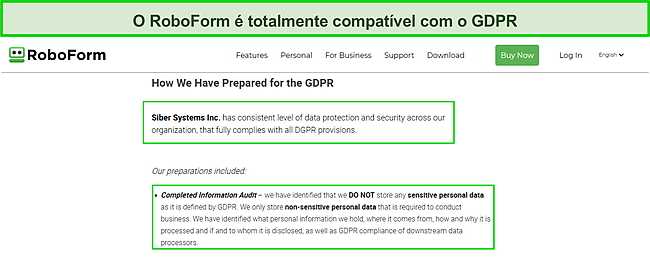 Captura de tela da conformidade com GDPR do RoboForm.