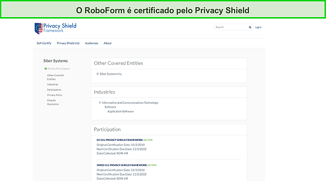 Captura de tela da certificação Privacy Shield do RoboForm.