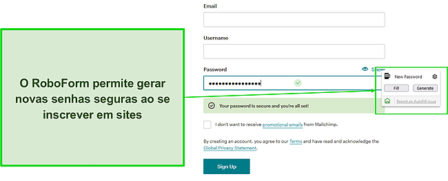 Captura de tela do gerador de senha segura do RoboForm.