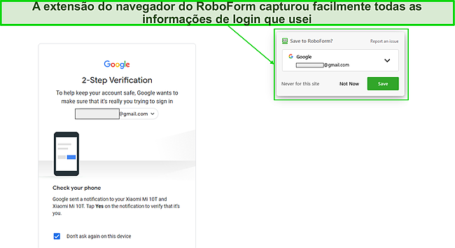 Captura de tela das informações de login de captura da extensão do navegador RoboForm.