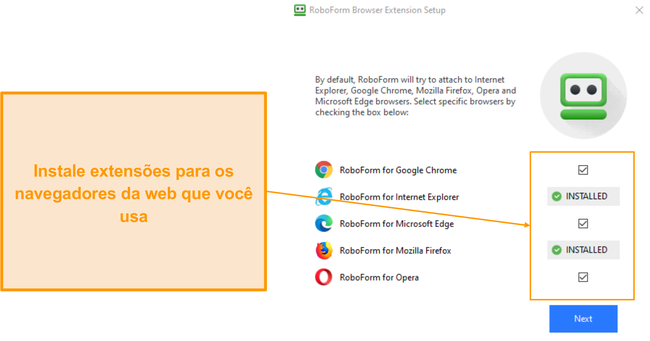 Captura de tela da instalação da extensão do navegador do RoboForm.